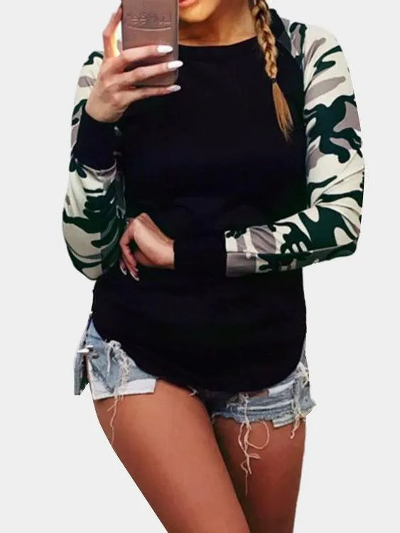 OEM ODM Round Neck Camouflage Long Sleeve Curved Hem T-Shirts