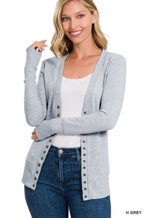 Oh Snap Heather Grey Ribbed Snap Closure Cardigan-LS