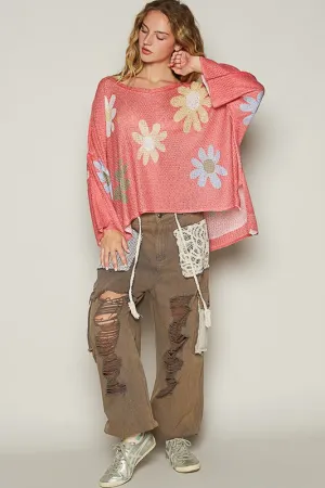 POL Flower Dropped Shoulder Knit Top In Burnt Coral