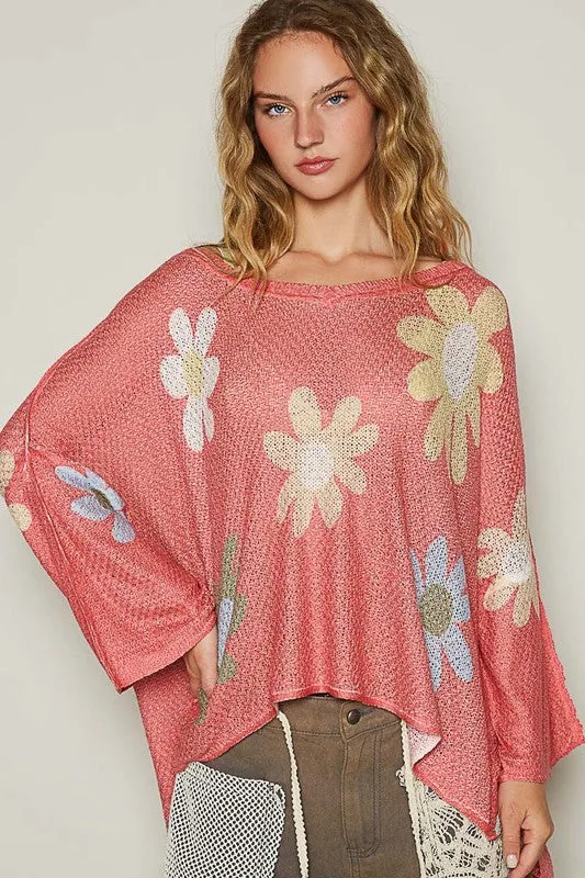 POL Flower Dropped Shoulder Knit Top In Burnt Coral
