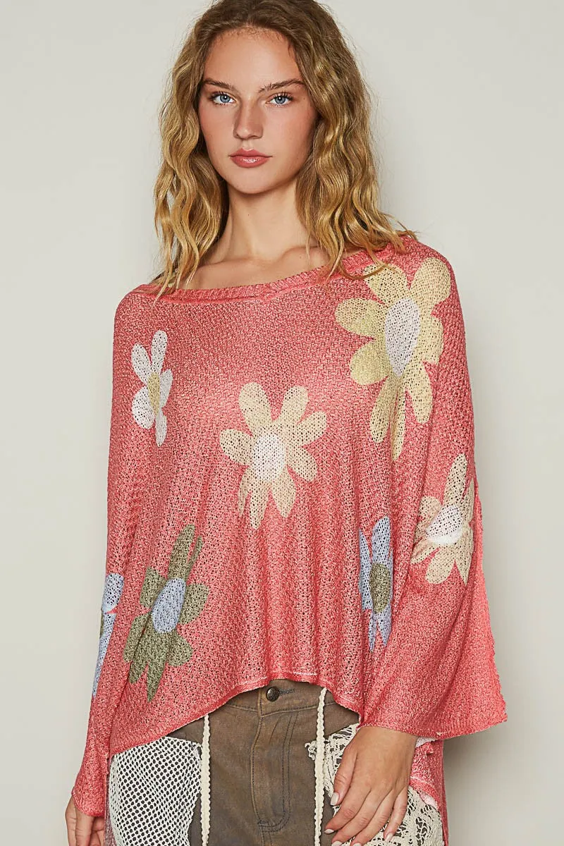 POL Flower Dropped Shoulder Knit Top In Burnt Coral