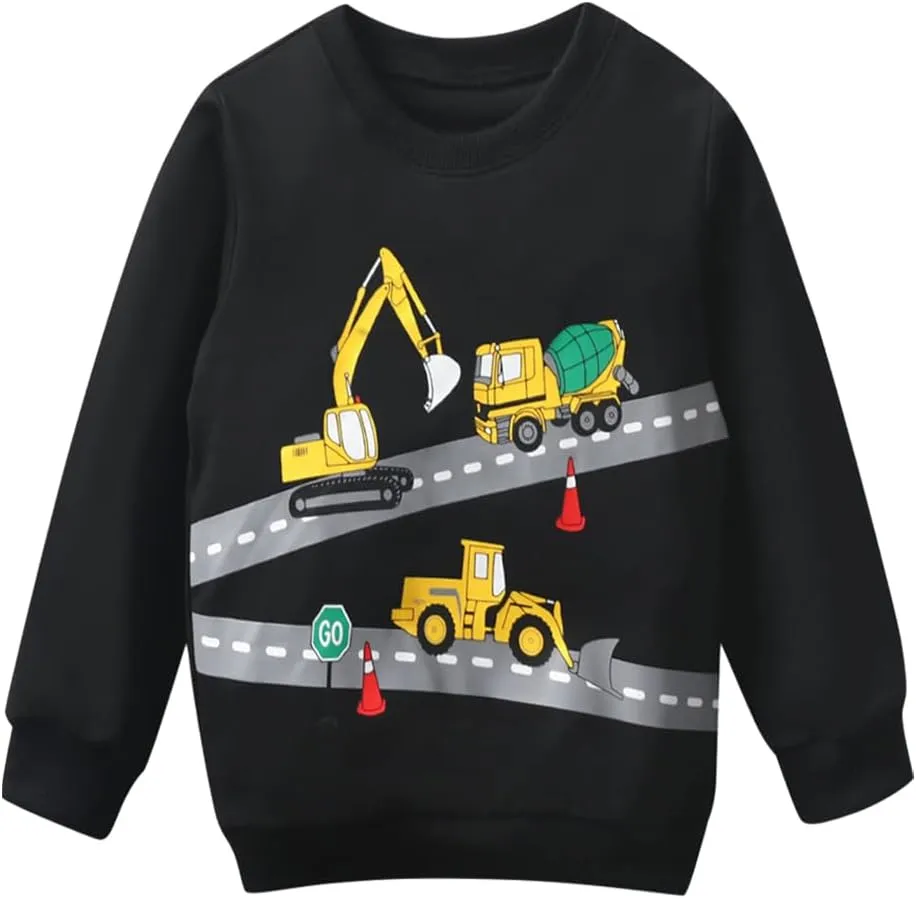 Popshion Boys Crewneck Sweatshirt Monster Truck Dinosaur Shirts Cotton Lightweight Pullover Sweater for Kids