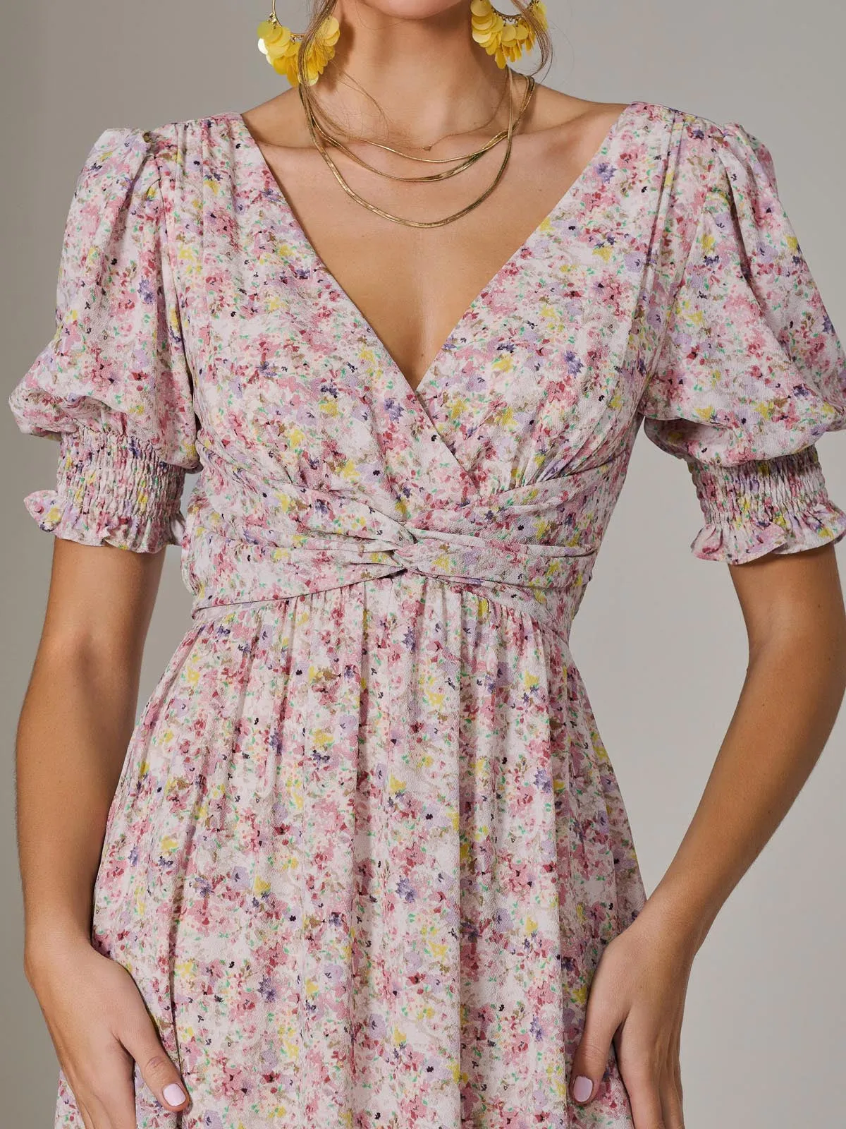 Puff Sleeve Midi Dress, Pink Floral