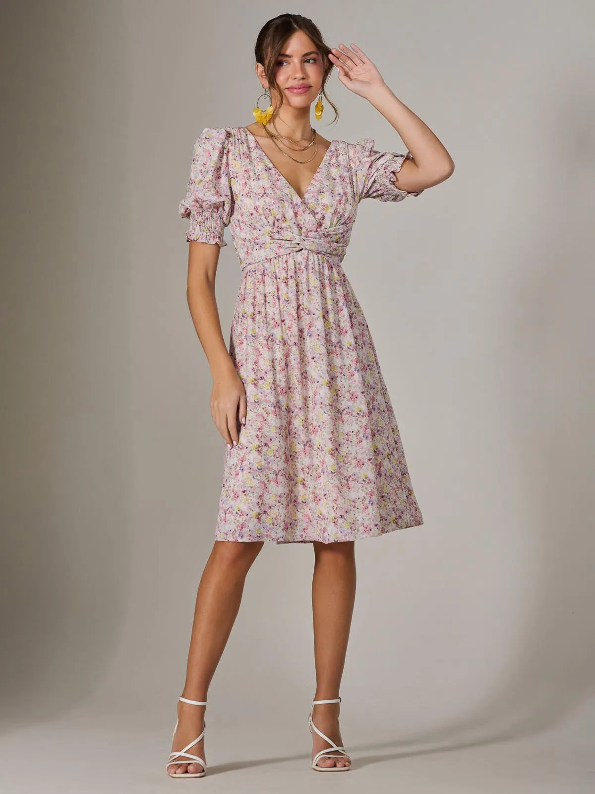 Puff Sleeve Midi Dress, Pink Floral