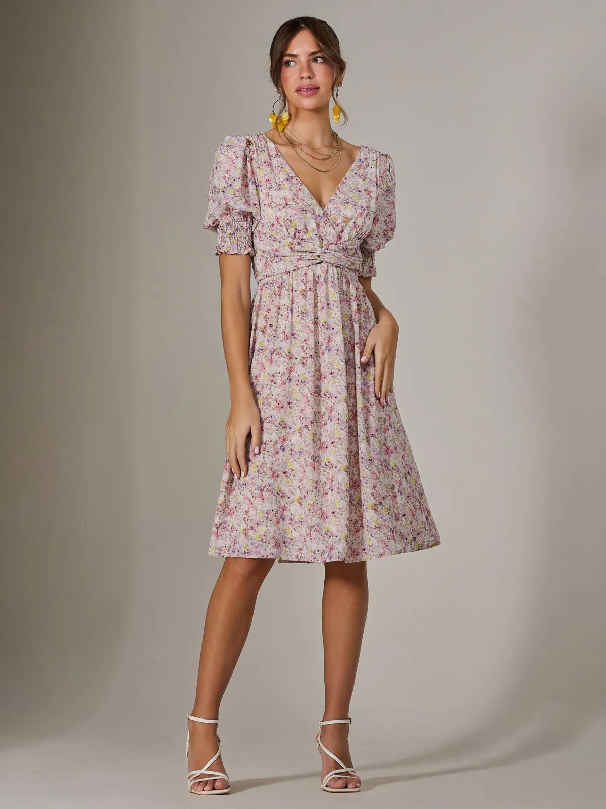 Puff Sleeve Midi Dress, Pink Floral