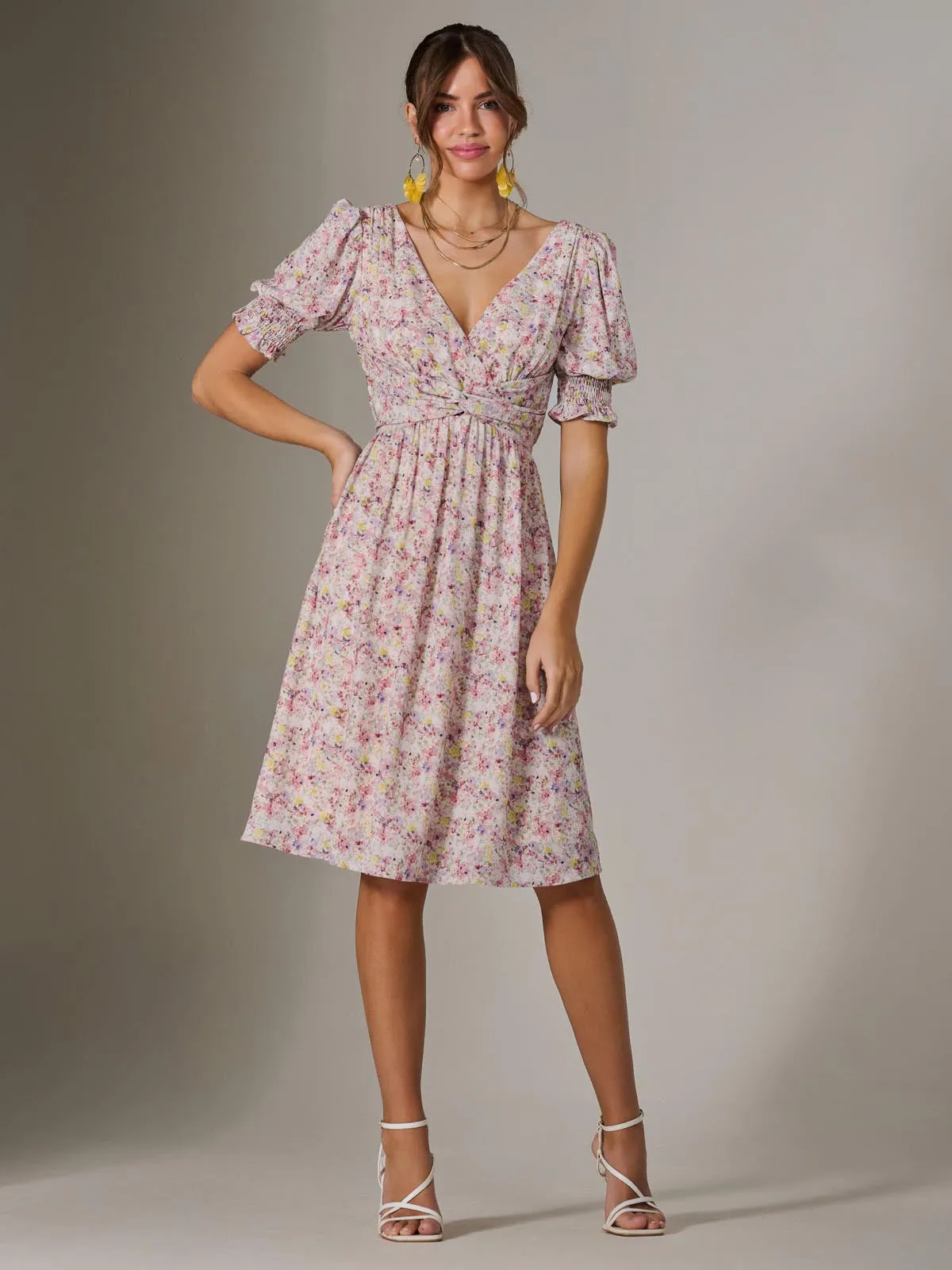 Puff Sleeve Midi Dress, Pink Floral