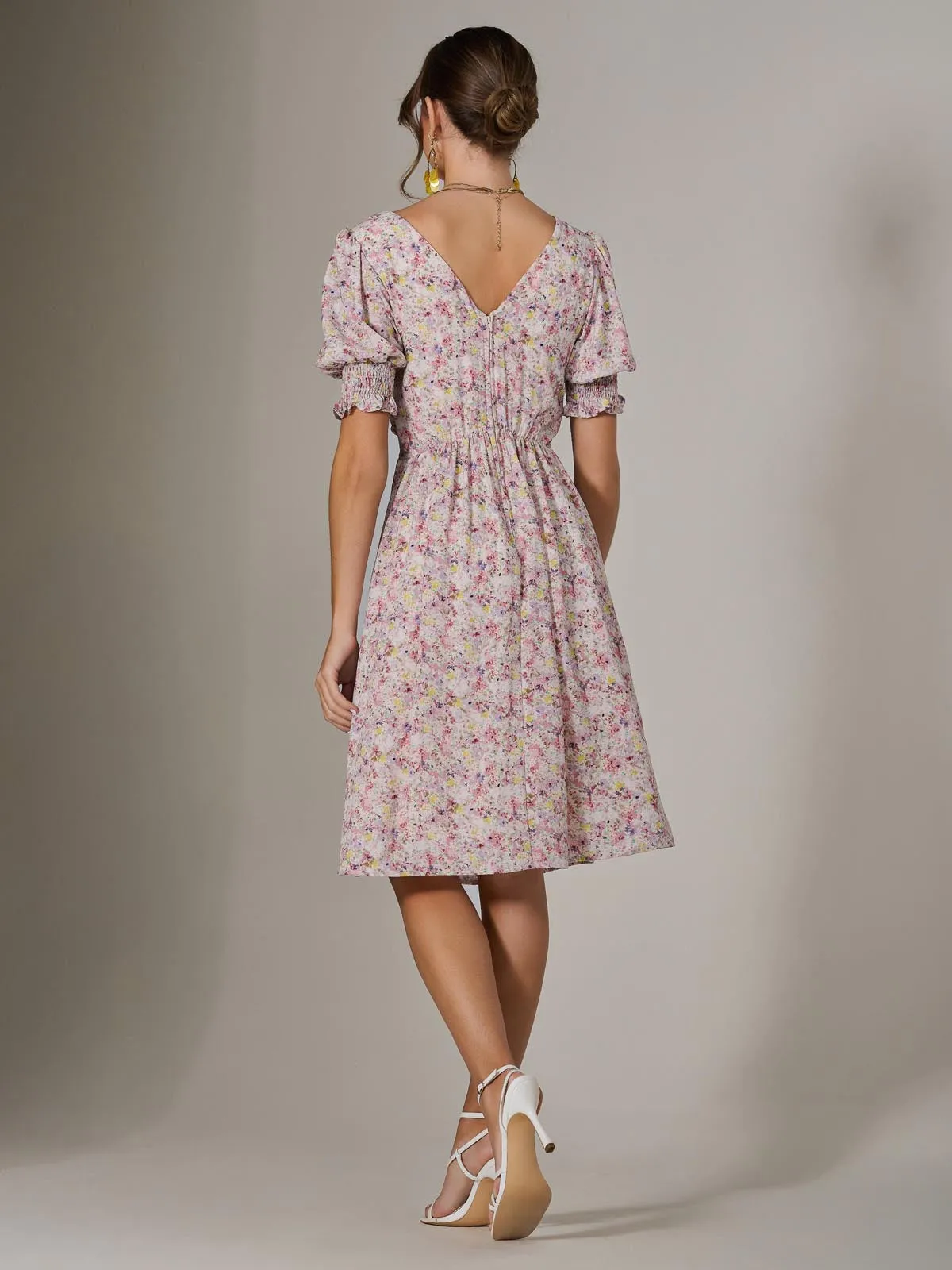 Puff Sleeve Midi Dress, Pink Floral
