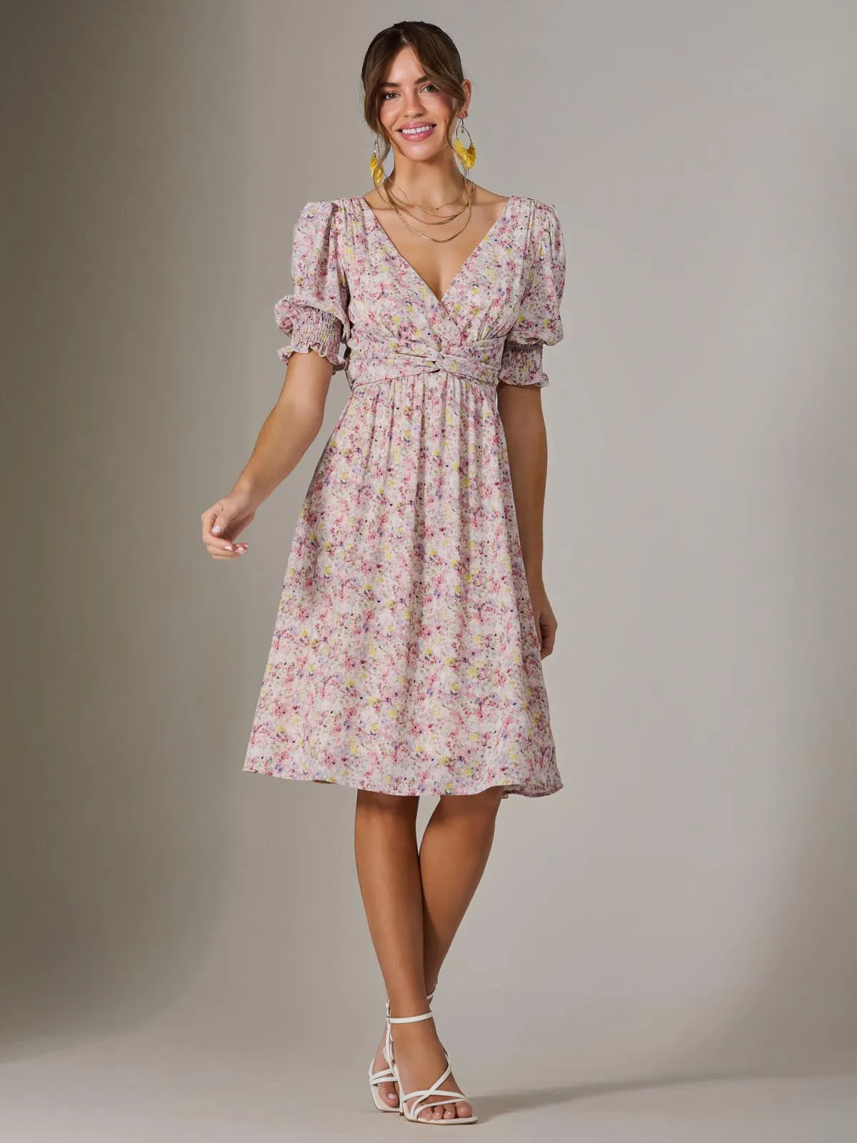 Puff Sleeve Midi Dress, Pink Floral