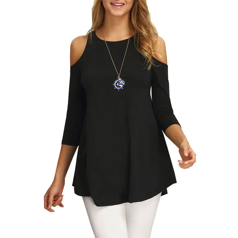 Pure Color Bear Shoudler Scoop 3/4 Sleeves T-shirt