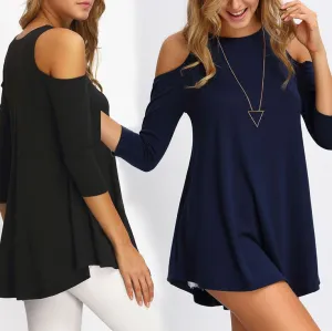 Pure Color Bear Shoudler Scoop 3/4 Sleeves T-shirt
