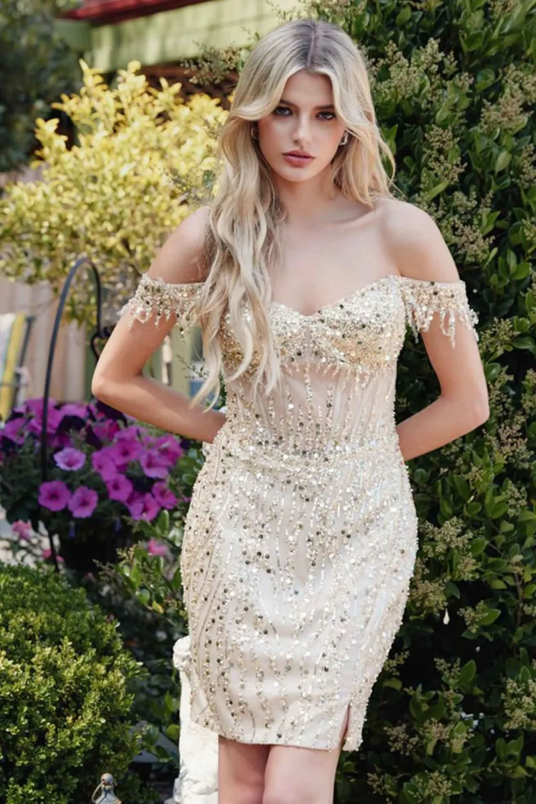 Sequin Short Off-Shoulder Dress with Slit by Juliet JT919L
