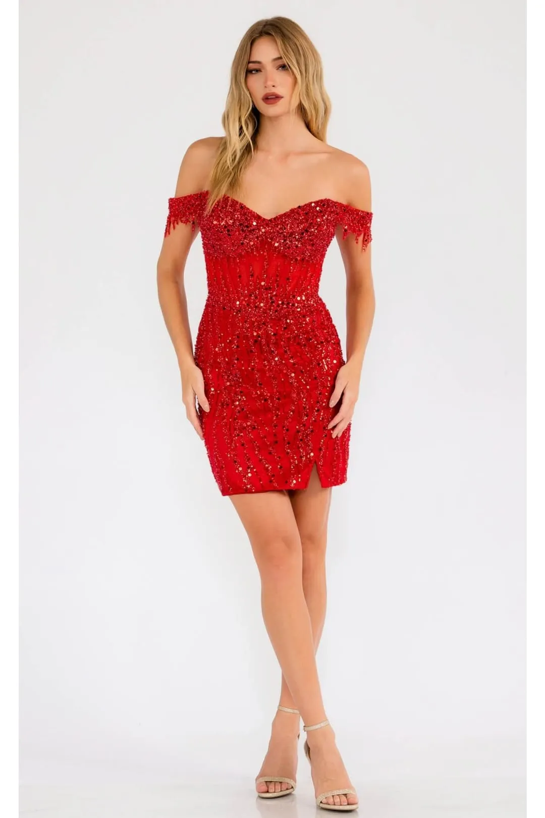 Sequin Short Off-Shoulder Dress with Slit by Juliet JT919L