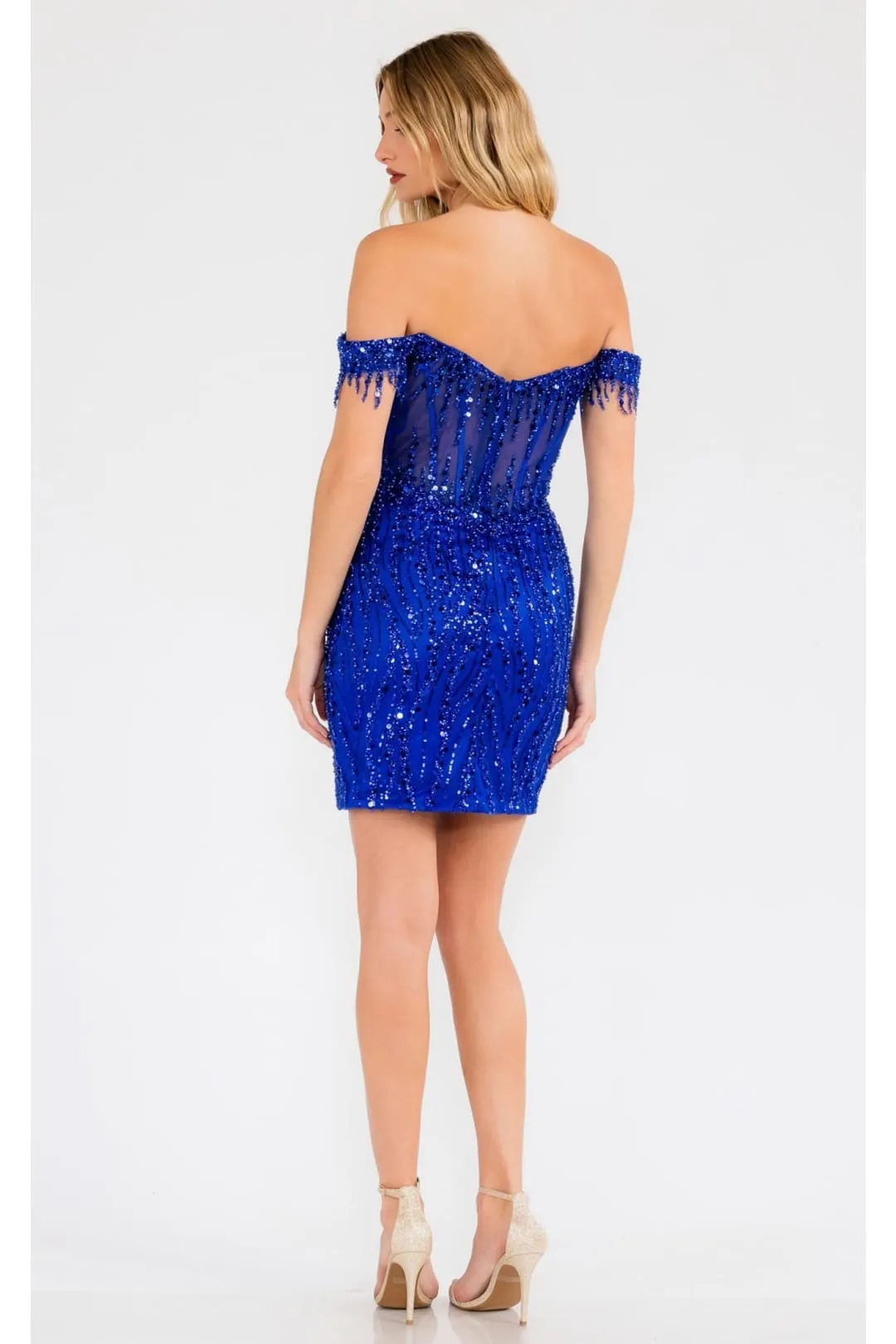 Sequin Short Off-Shoulder Dress with Slit by Juliet JT919L