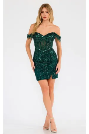 Sequin Short Off-Shoulder Dress with Slit by Juliet JT919L