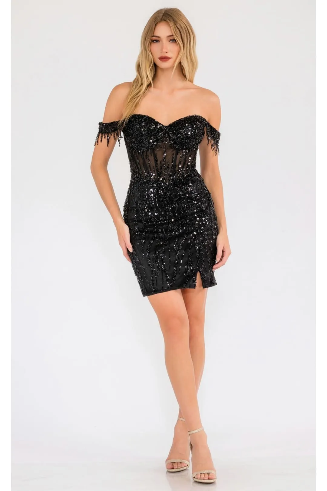 Sequin Short Off-Shoulder Dress with Slit by Juliet JT919L