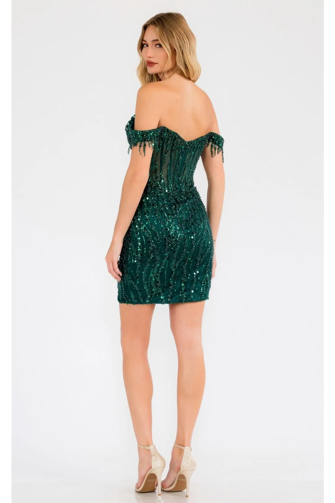 Sequin Short Off-Shoulder Dress with Slit by Juliet JT919L