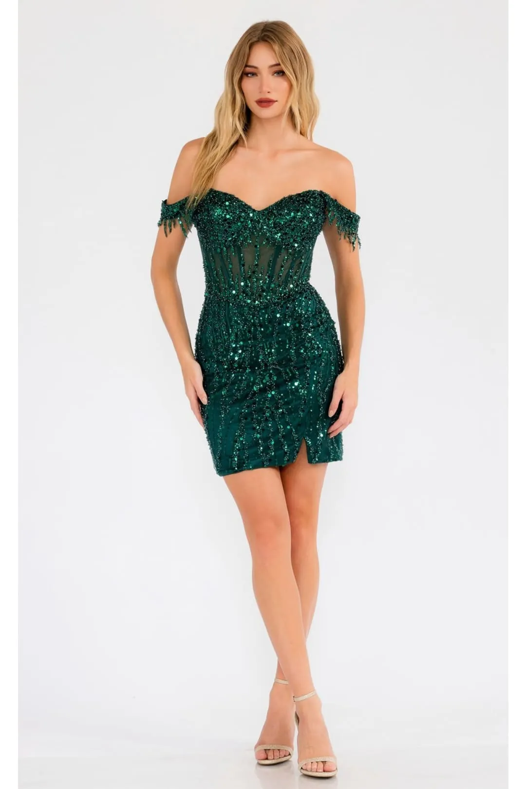 Sequin Short Off-Shoulder Dress with Slit by Juliet JT919L