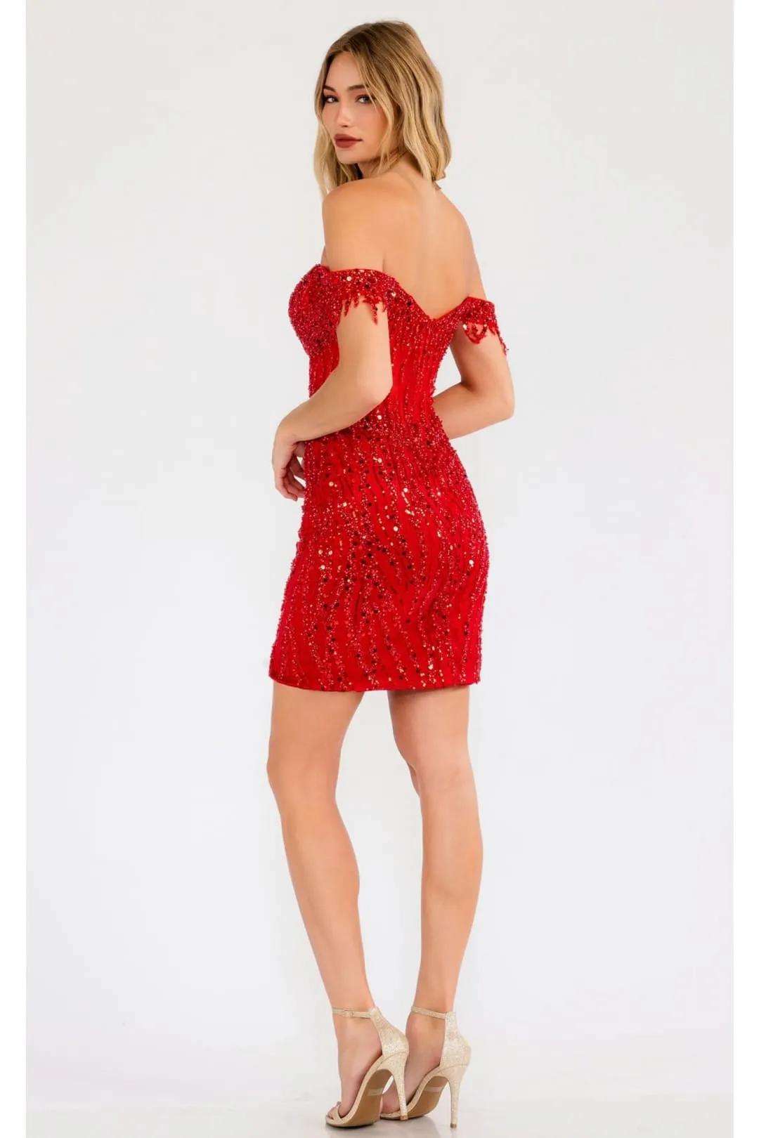 Sequin Short Off-Shoulder Dress with Slit by Juliet JT919L