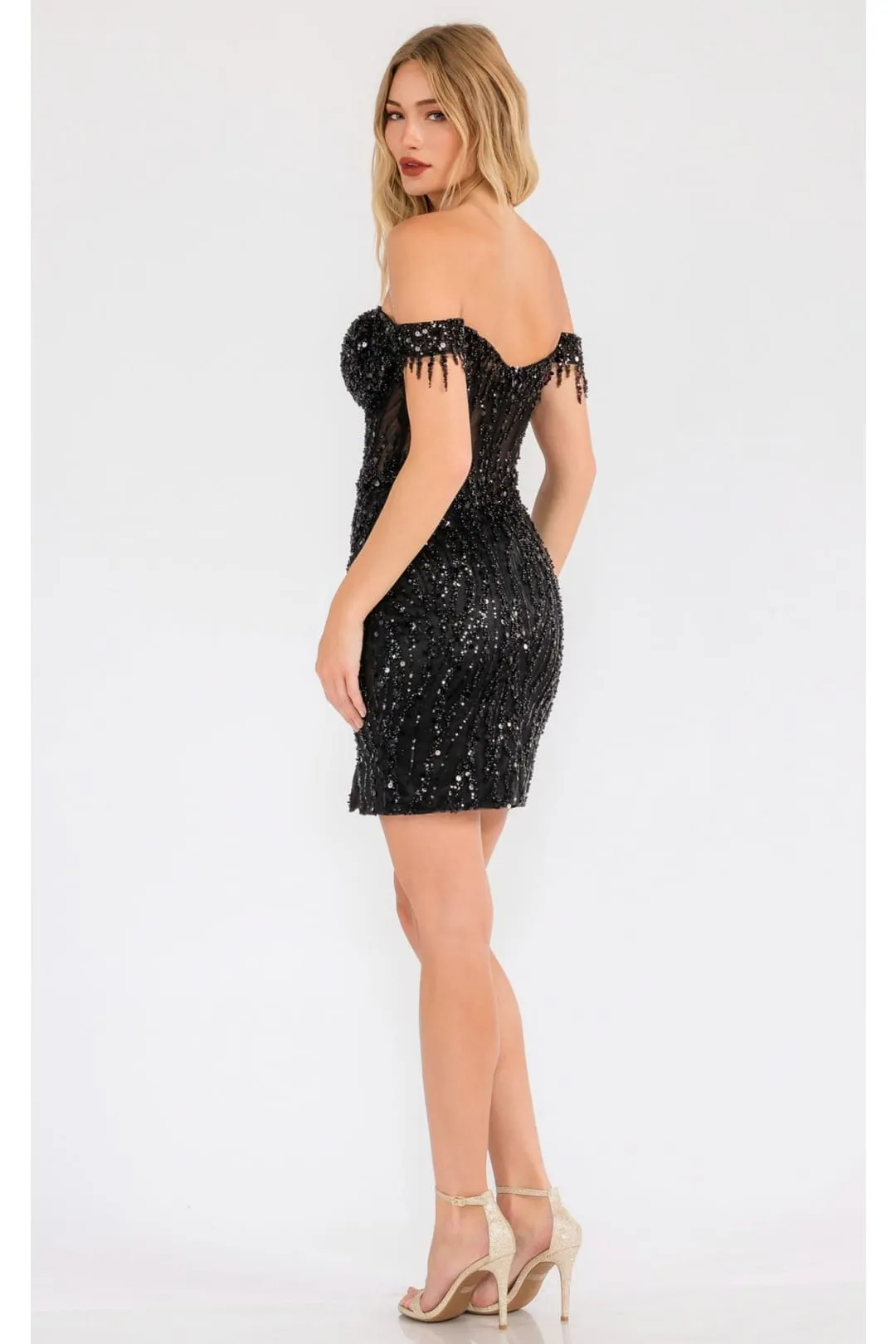Sequin Short Off-Shoulder Dress with Slit by Juliet JT919L