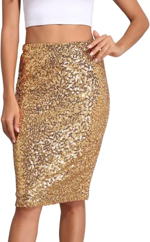 Sequin Skirt for Women, Sparkly Skirts, Sexy Glitter High Waisted Casual Midi Skirt Bodycon for Holiday/Party/Disco
