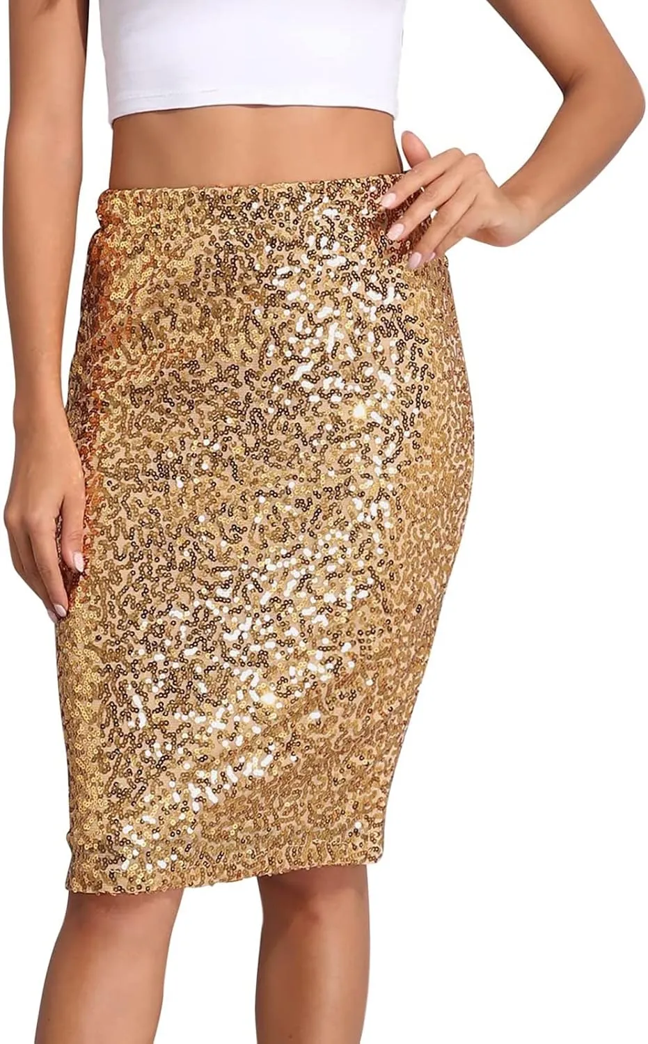 Sequin Skirt for Women, Sparkly Skirts, Sexy Glitter High Waisted Casual Midi Skirt Bodycon for Holiday/Party/Disco