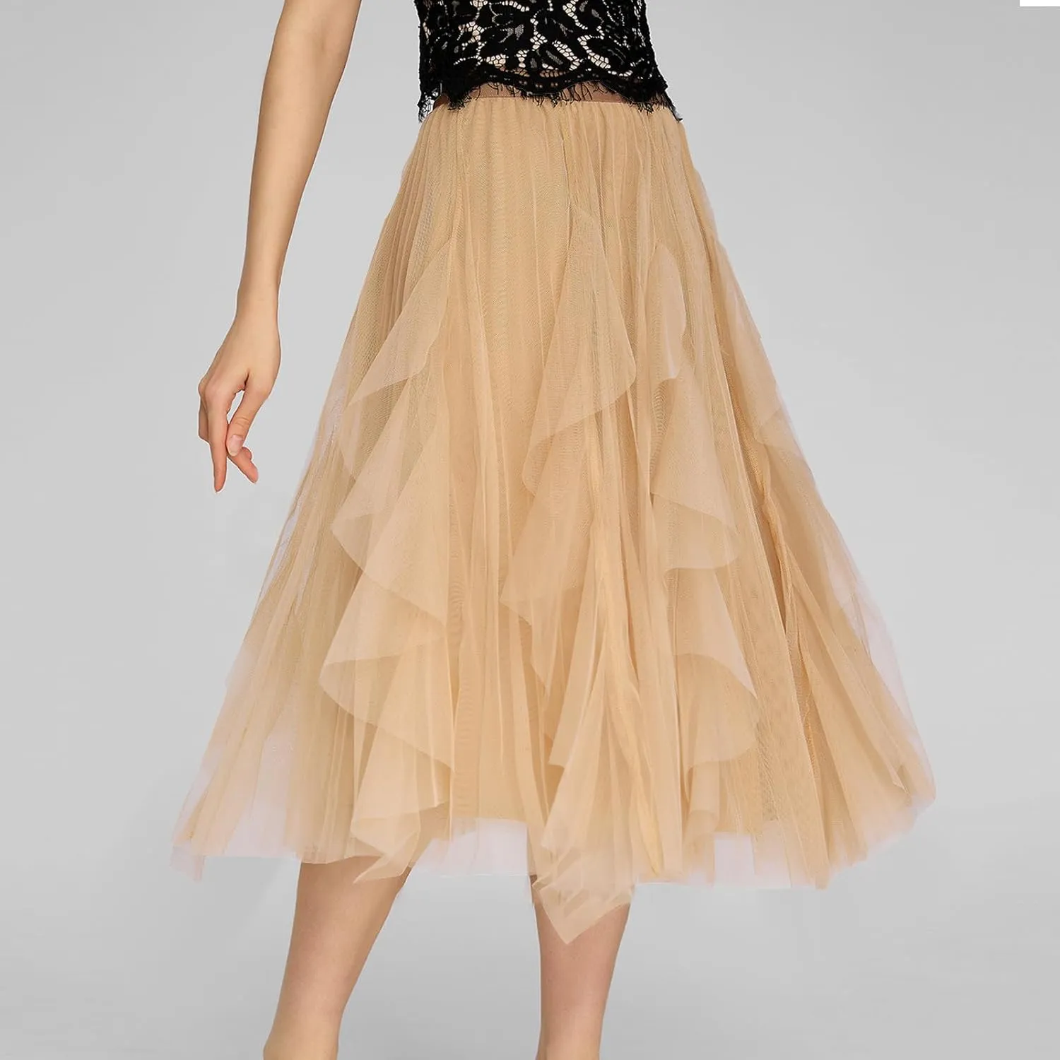 Skirts for Women High Waist Floral Mesh Midi Skirts Fairy Elastic Waist Layered Tulle Skirt Bohemia A-line Skirt