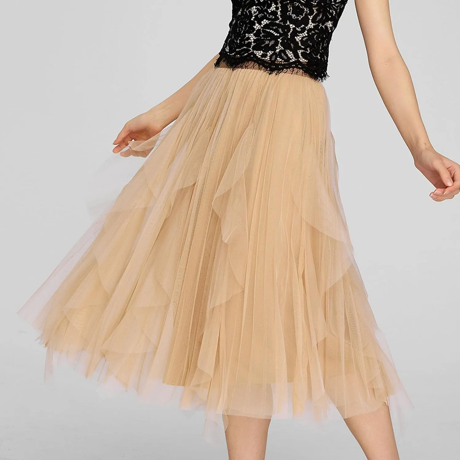 Skirts for Women High Waist Floral Mesh Midi Skirts Fairy Elastic Waist Layered Tulle Skirt Bohemia A-line Skirt