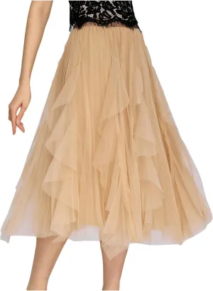 Skirts for Women High Waist Floral Mesh Midi Skirts Fairy Elastic Waist Layered Tulle Skirt Bohemia A-line Skirt