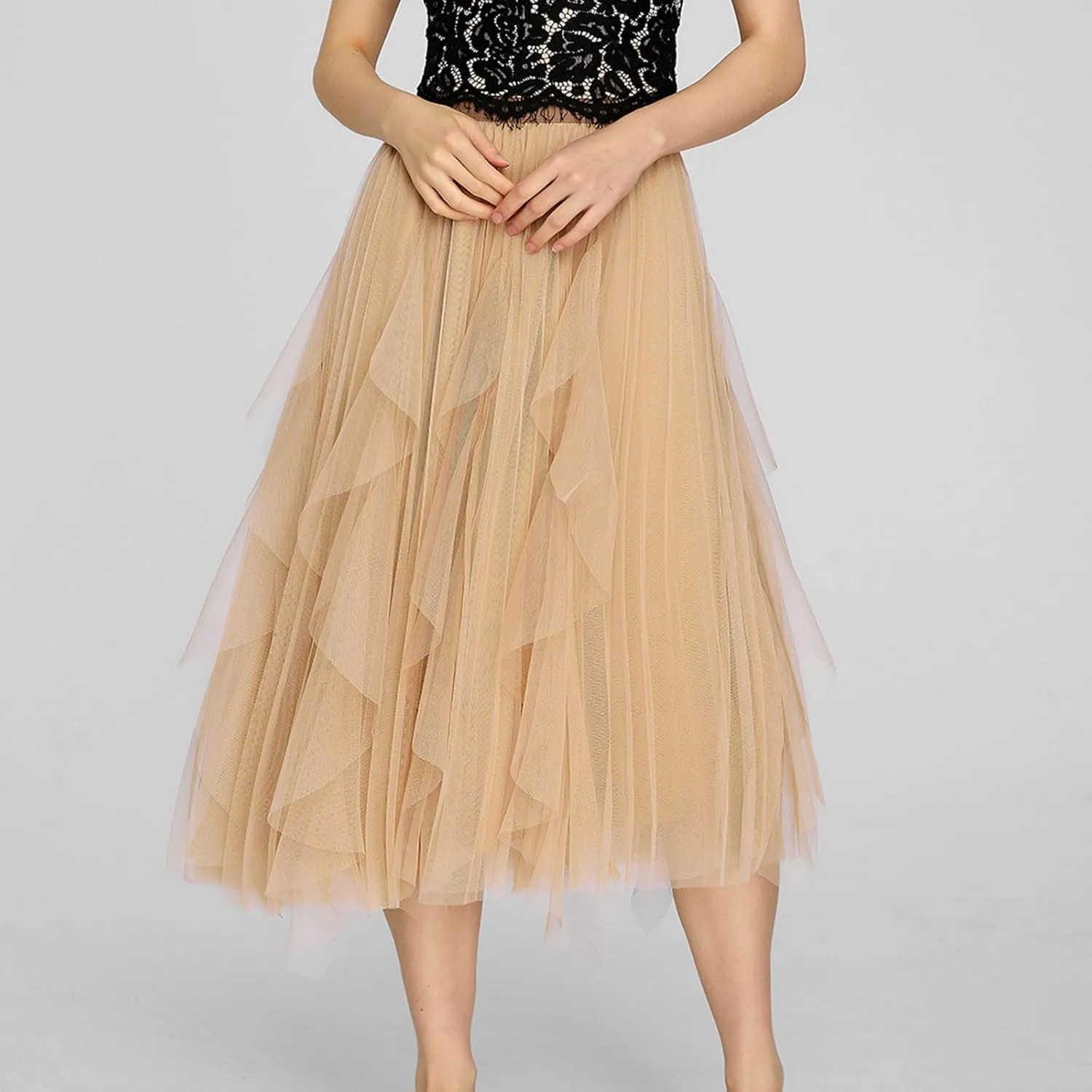 Skirts for Women High Waist Floral Mesh Midi Skirts Fairy Elastic Waist Layered Tulle Skirt Bohemia A-line Skirt