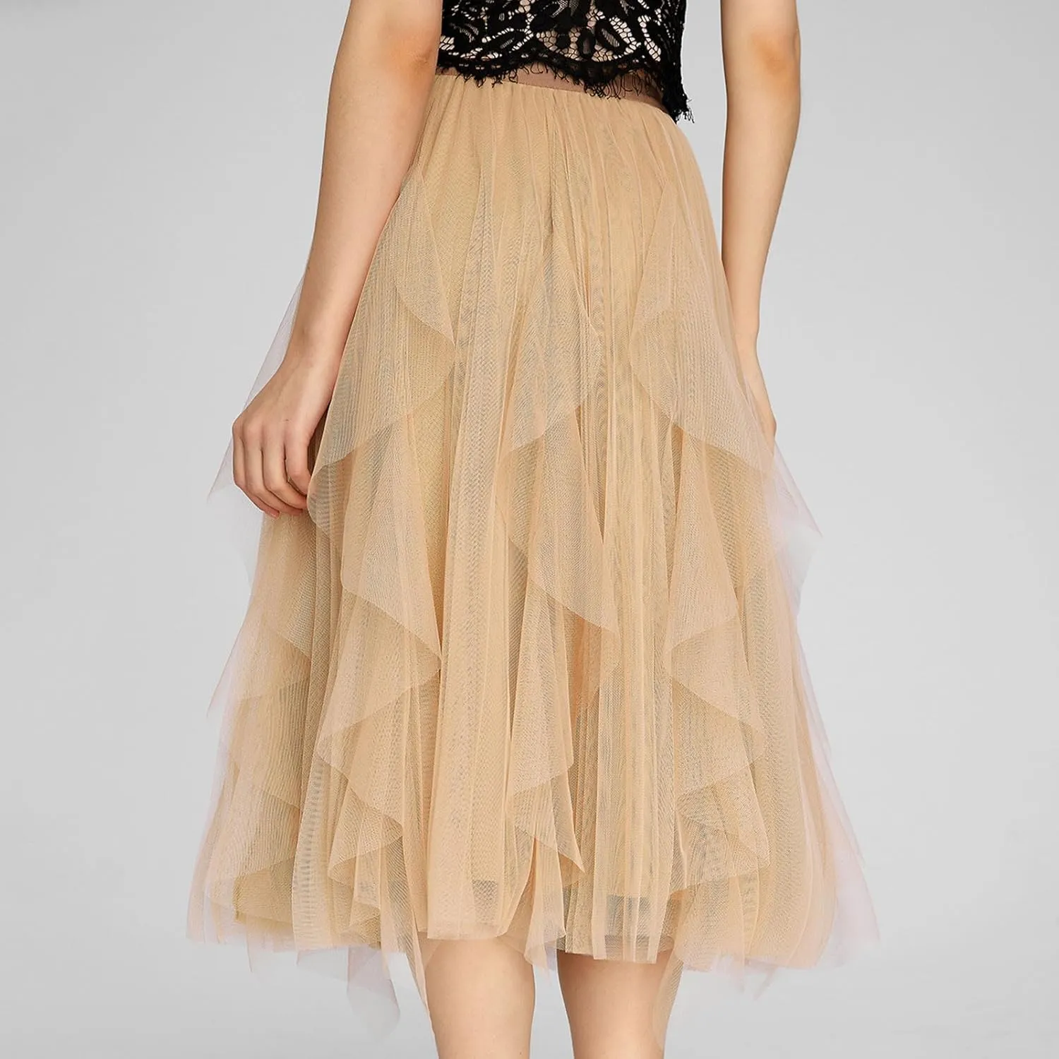 Skirts for Women High Waist Floral Mesh Midi Skirts Fairy Elastic Waist Layered Tulle Skirt Bohemia A-line Skirt