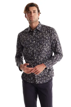 Soft Cloth Point Collar Shirt in Italian Woven Fabric - Navy Monet