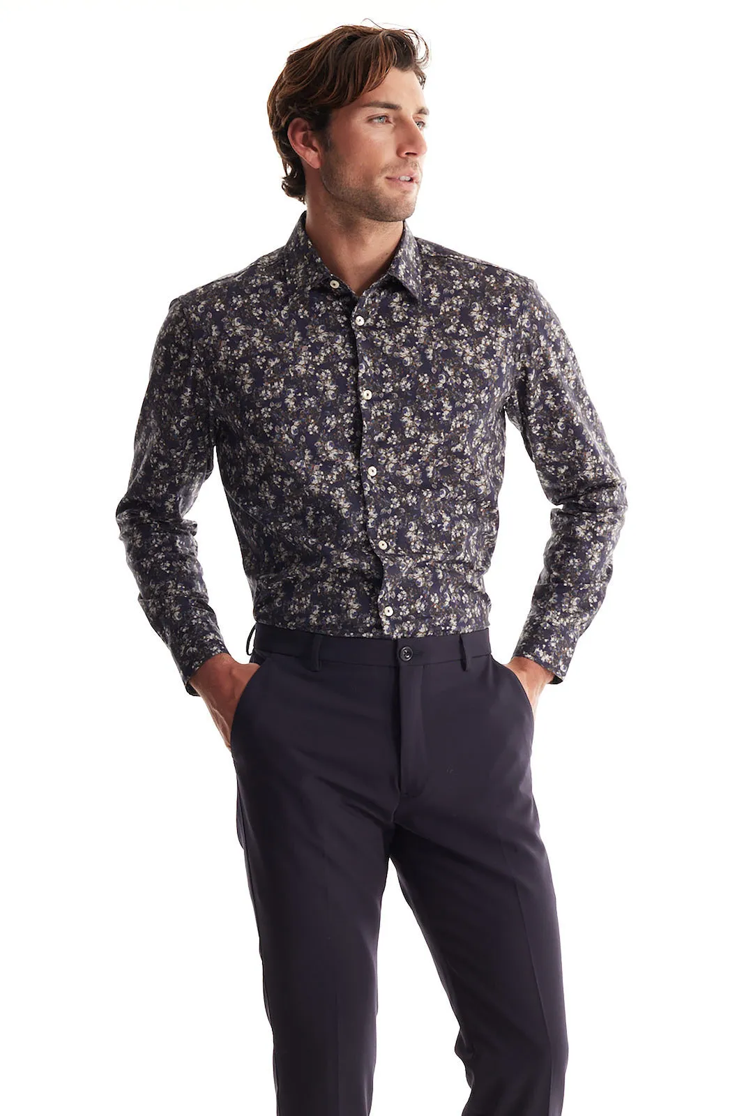 Soft Cloth Point Collar Shirt in Italian Woven Fabric - Navy Monet