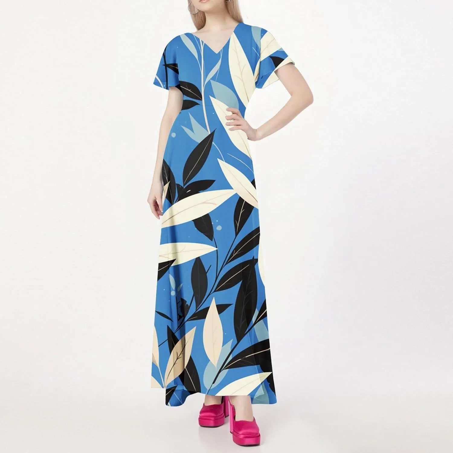 Spring Wedding Guest Dress,Women's Loose Casual V-Neck Short Sleeved High Waisted Print Chiffon Dress