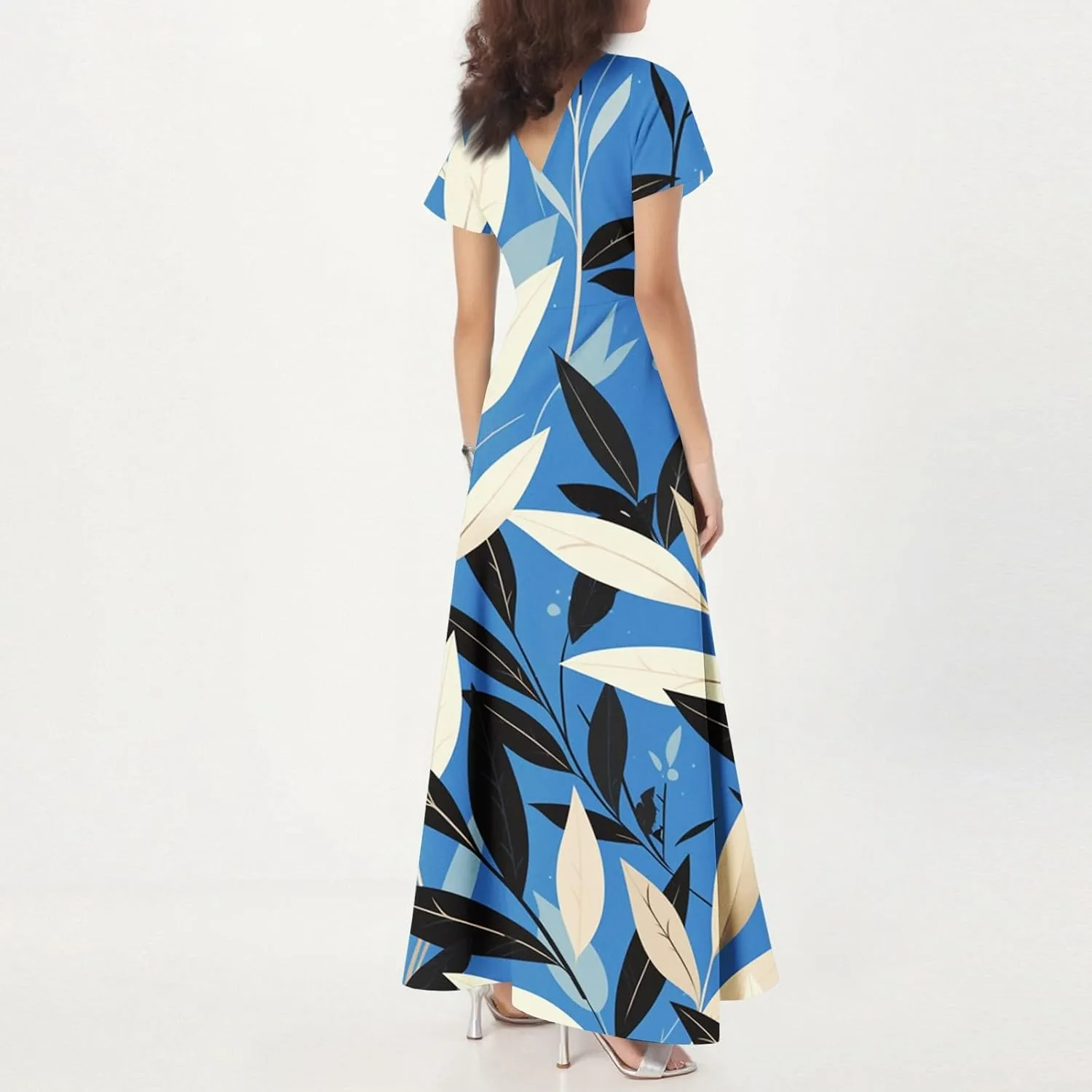 Spring Wedding Guest Dress,Women's Loose Casual V-Neck Short Sleeved High Waisted Print Chiffon Dress