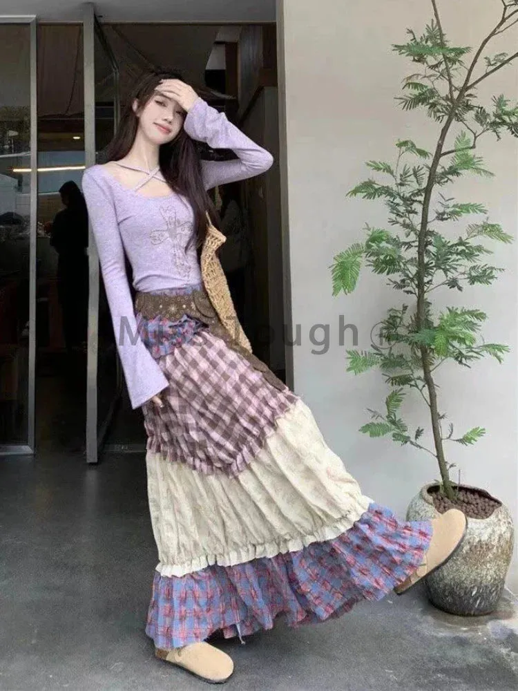 srczz  -  Summer Y2k Elegant 2 Piece Set Women New Halter Tops   Pleated Long Skirts Female Casual Chic Ruffle Pachtwork Streetwear Suits