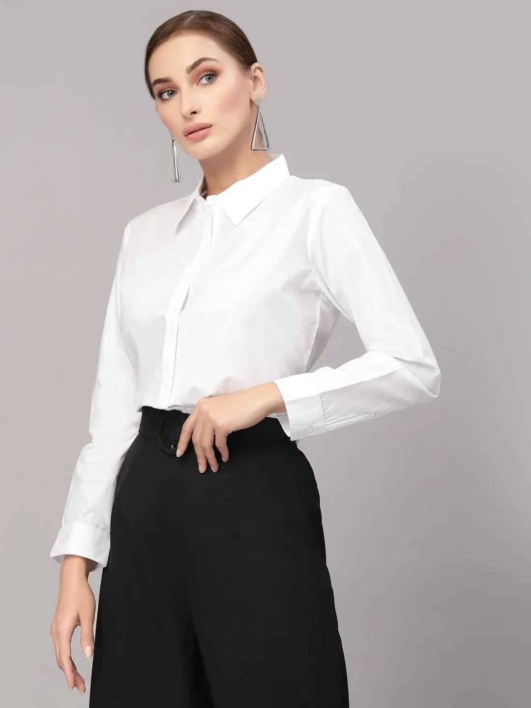 Style Quotient Women Solid White Cotton Regular Formal Shirt