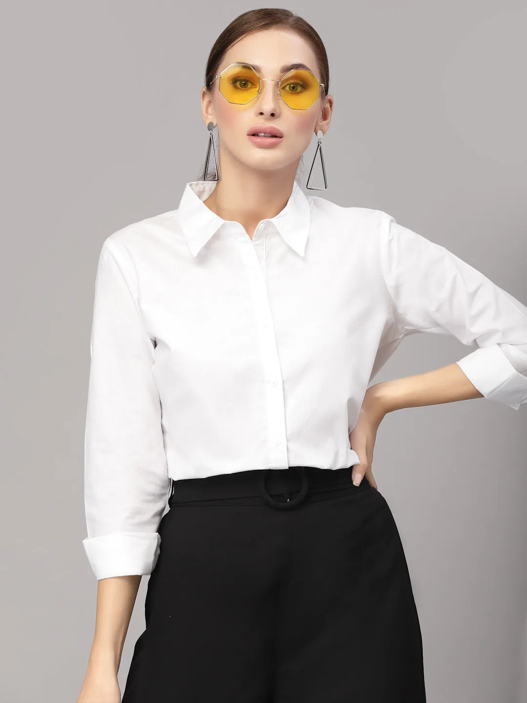 Style Quotient Women Solid White Cotton Regular Formal Shirt
