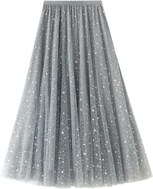 tuduoms Women's Long Tulle Tutu Skirt High Waist Pleated Layered Midi Skirt Sequin Flowy Maxi Skirt Dress for Wedding Party
