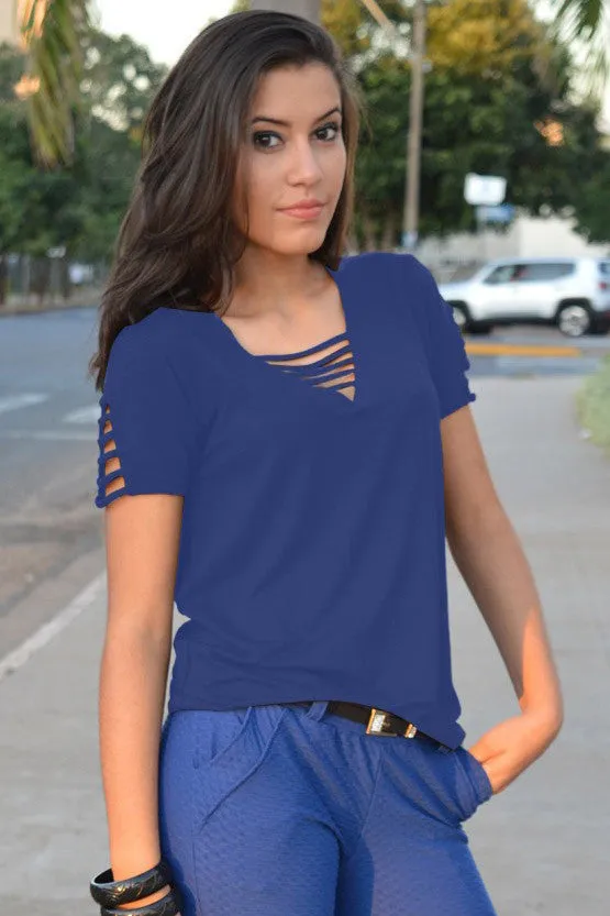 V-neck Straps Pure Color Short Sleeves Loose T-shirt