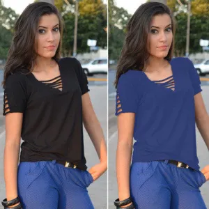 V-neck Straps Pure Color Short Sleeves Loose T-shirt