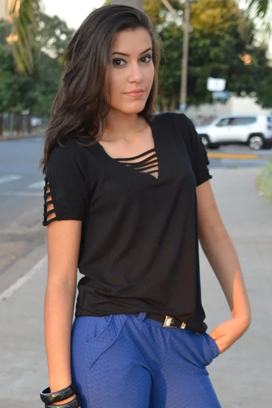 V-neck Straps Pure Color Short Sleeves Loose T-shirt