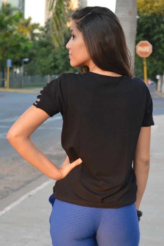 V-neck Straps Pure Color Short Sleeves Loose T-shirt