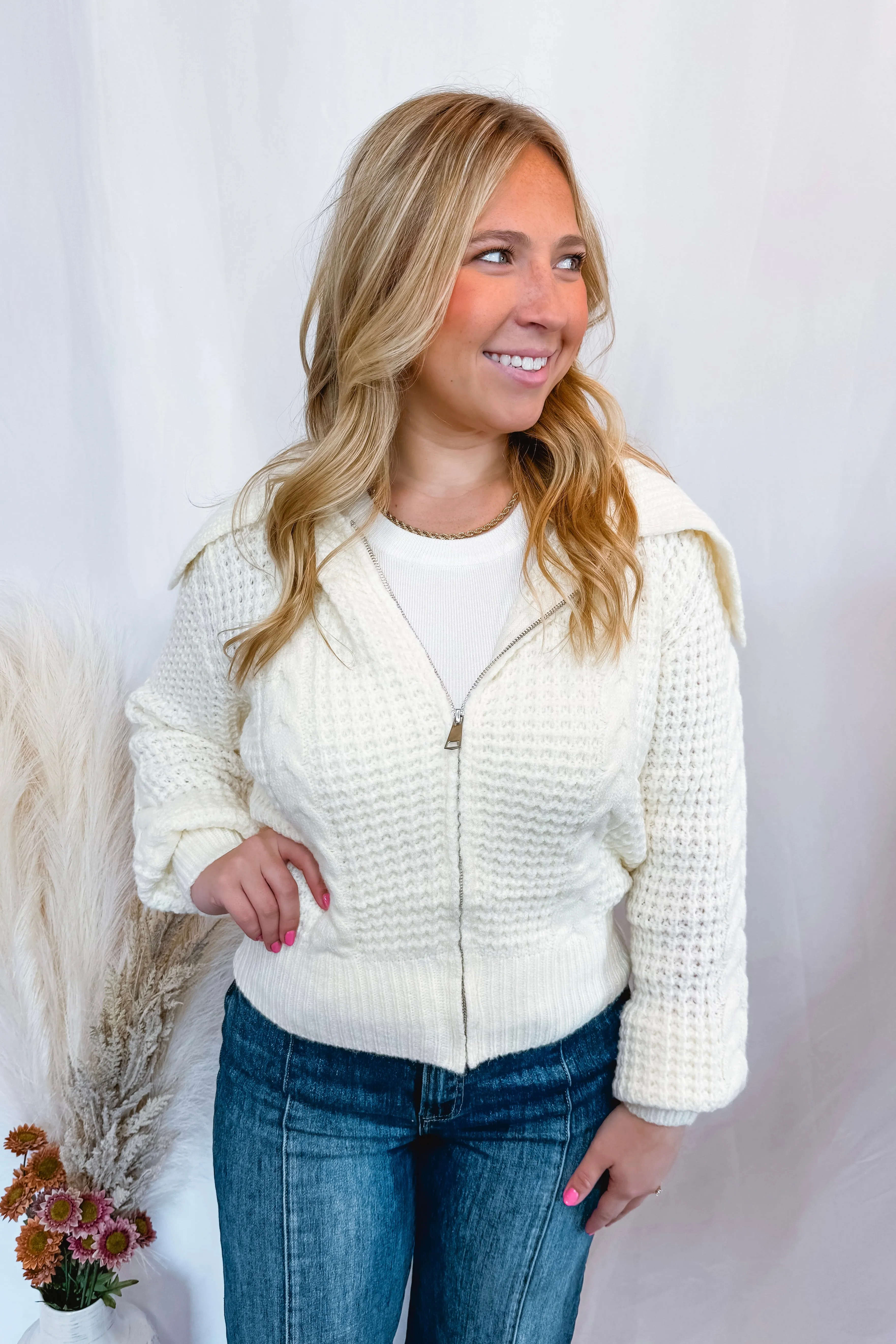 Venture Out Cable Knit Zip Up - Ivory