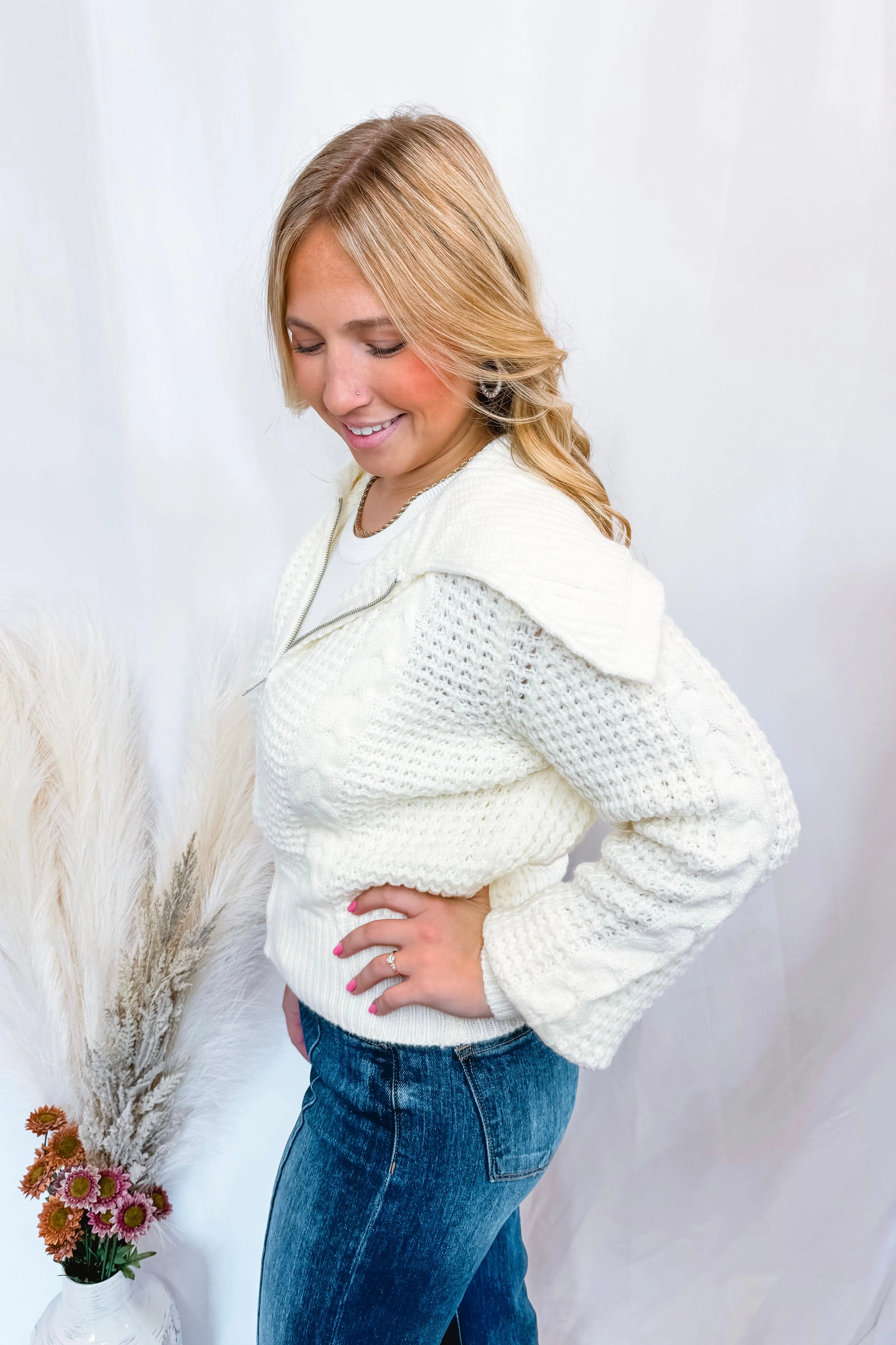 Venture Out Cable Knit Zip Up - Ivory