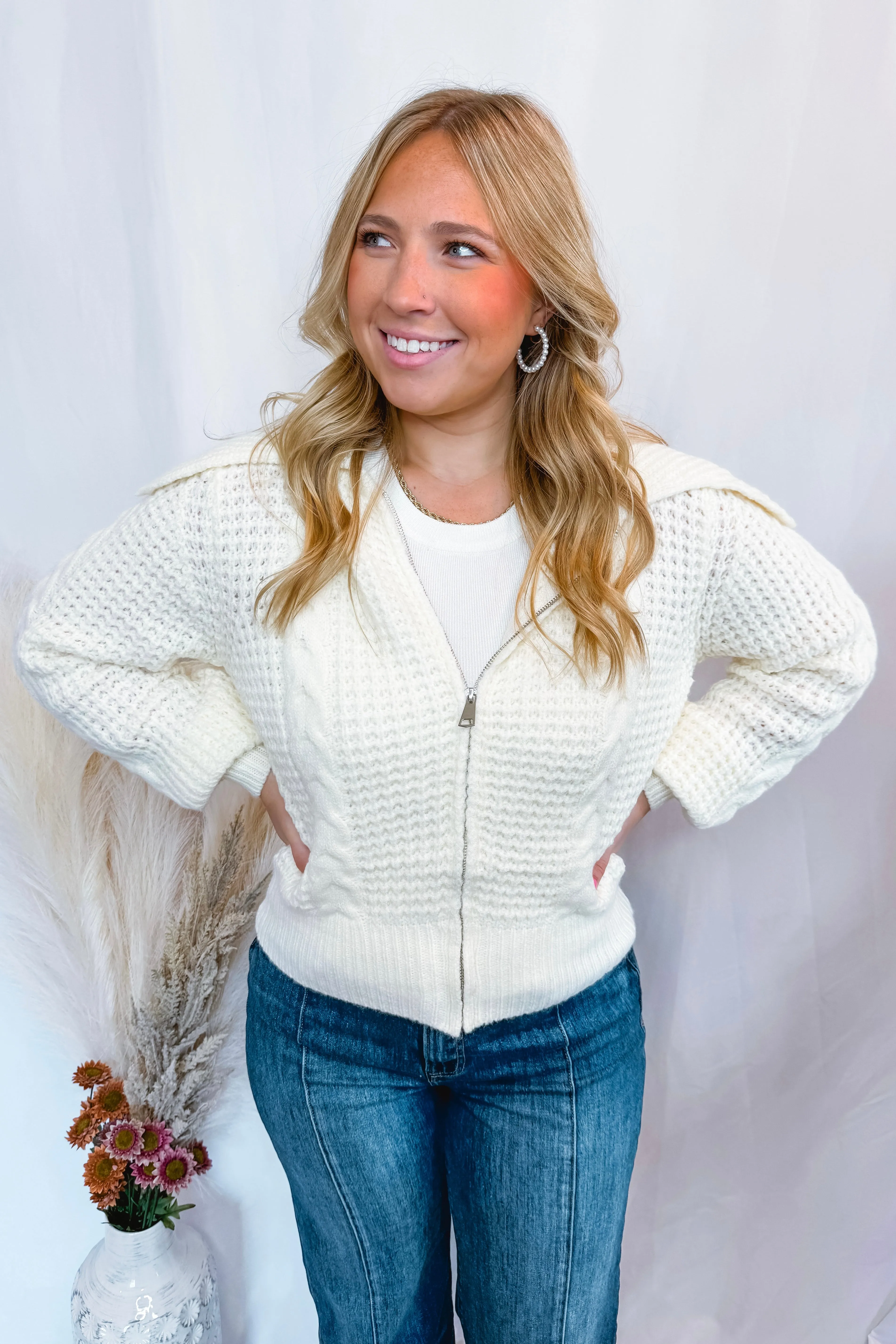 Venture Out Cable Knit Zip Up - Ivory