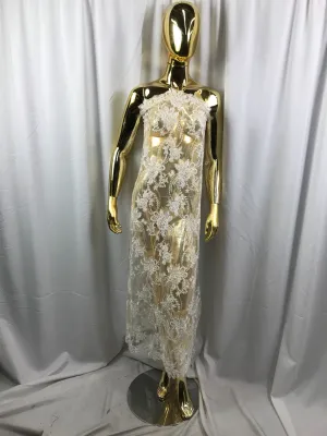 White hand beaded floral design embroider on a mesh lace-dresses-fashion-apparel-nightgown-prom-decorations-sold by the yard.
