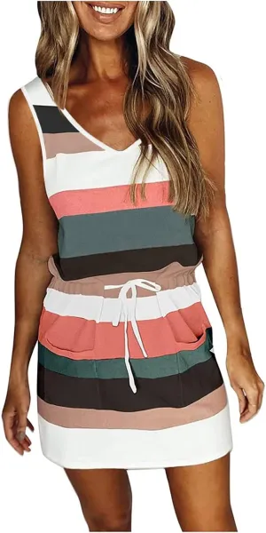Womens 2025 Summer Dresses Striped Sleeveless Waist Tie Front A- Line Mini Dress Casual Lounge Tunics with Pockets