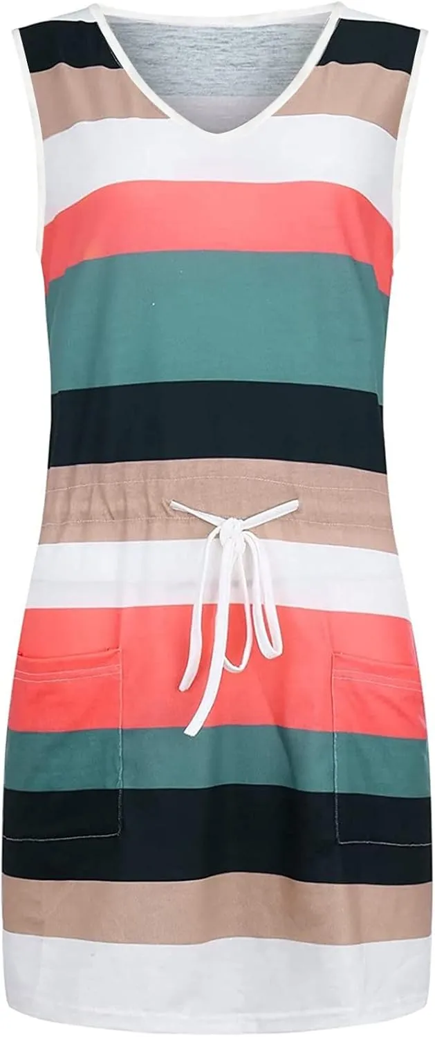 Womens 2025 Summer Dresses Striped Sleeveless Waist Tie Front A- Line Mini Dress Casual Lounge Tunics with Pockets