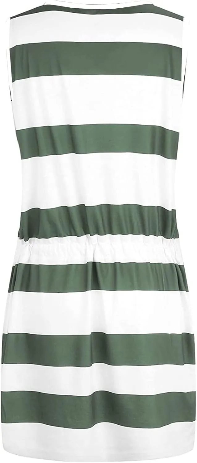 Womens 2025 Summer Dresses Striped Sleeveless Waist Tie Front A- Line Mini Dress Casual Lounge Tunics with Pockets