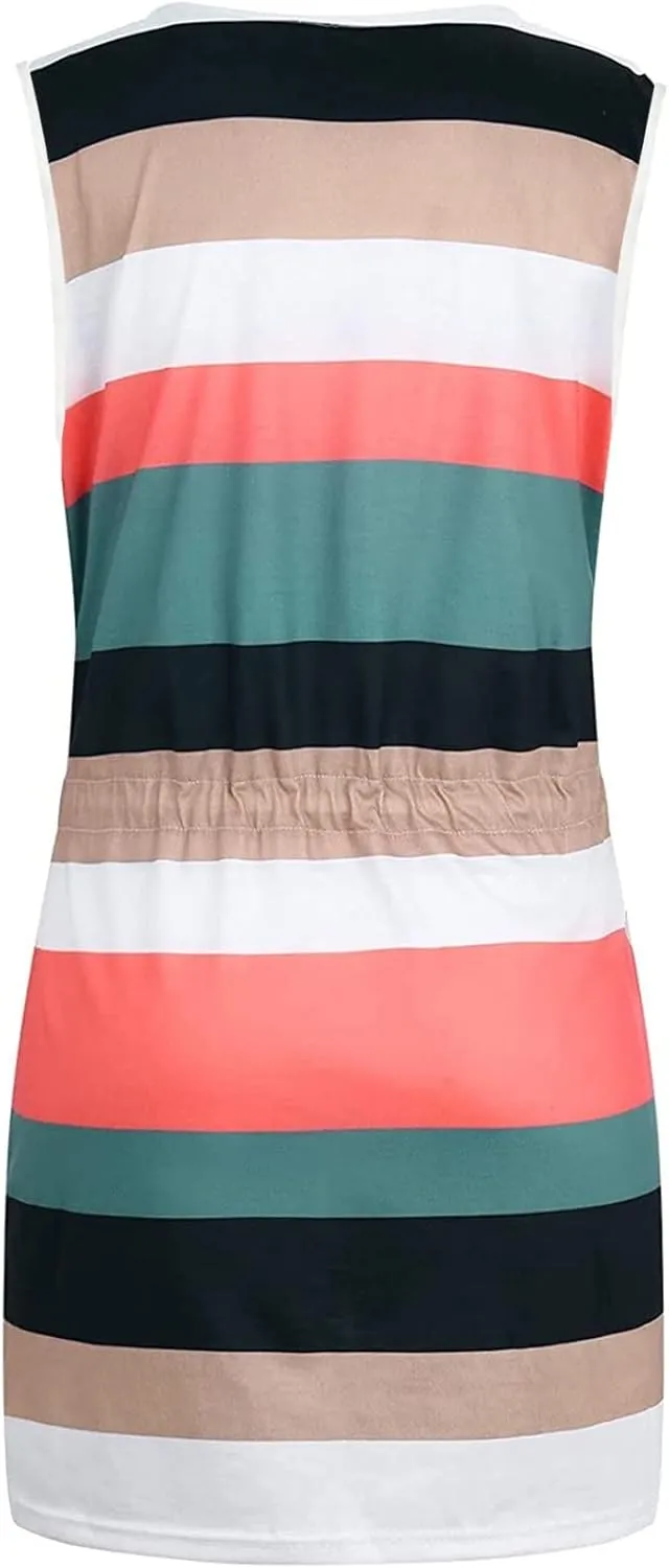 Womens 2025 Summer Dresses Striped Sleeveless Waist Tie Front A- Line Mini Dress Casual Lounge Tunics with Pockets